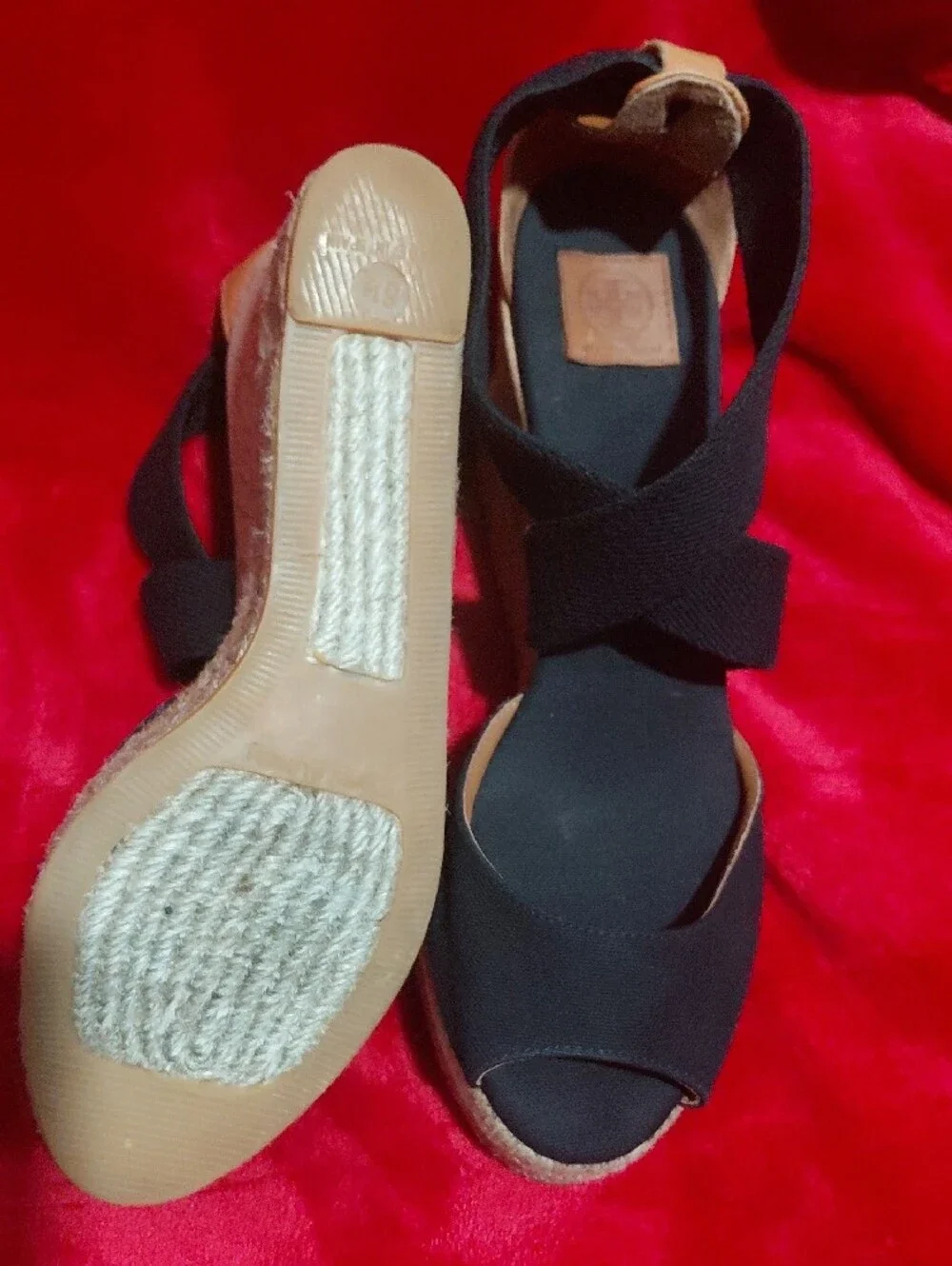 Tory Burch Black and Tan Espadrille Wedge Sandals